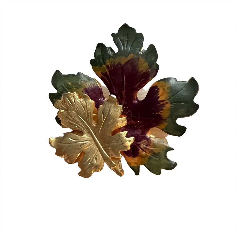 Vintage Leaf Colorful Green Burgundy Gold Tone Boho Autumn Brooch - Picture 3 of 13